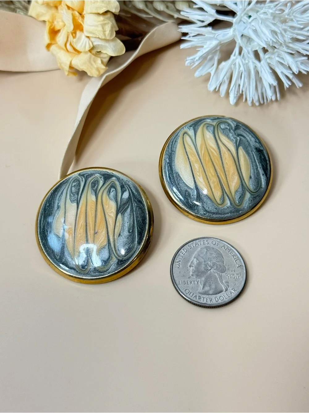 Vintage Oversized Round Abstract Enamel Statement Earrings Gold Tone Pierced